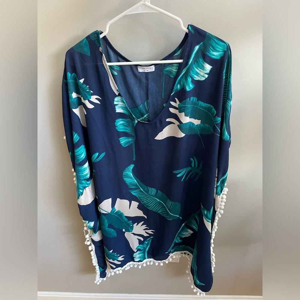Navy and Teal Tropical Swim Cover-Up